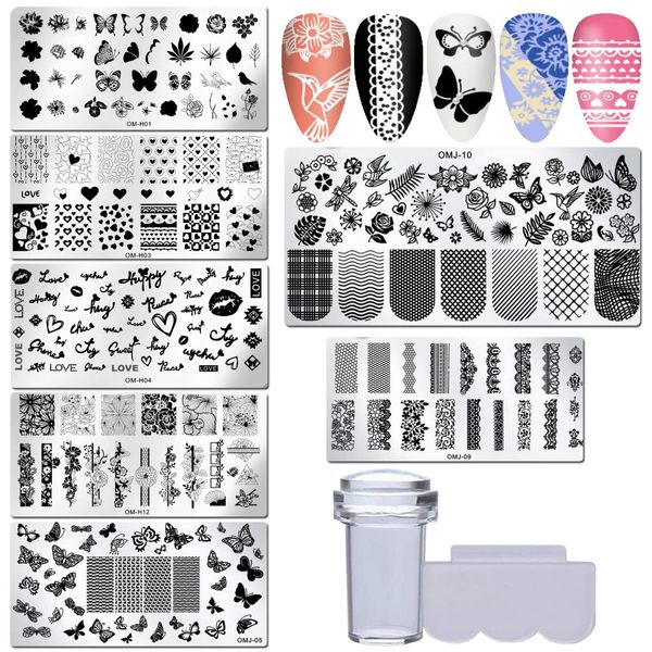 LoveOurHome Valentine Nail Stamping Kit 7pc Flower Butterfly Geometric Nails Stamping Plate Stencil with Silicone Stamper Scraper Stamp tools for Women Girls Kids