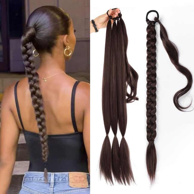 EMMOR Long Braided Ponytail Extension with Hair Straight Wrap Around Ponytail Hair Extensions with Hair Tie Soft healthy Synthetic Hair Piece for Women girls Daily(33 inch Brown)