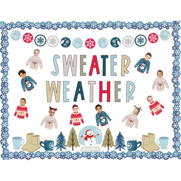 Whaline 85Pcs Winter Bulletin Board Decoration Kit Xmas Tree Snowmen Snowflake Cutouts with Glue Point Christmas Holiday Classroom Bulletin Border Stickers for Home School Office Wall Door Decor