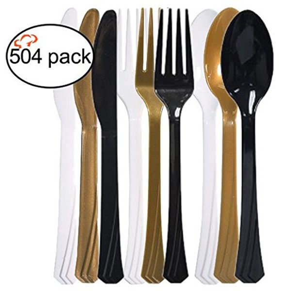 Tiger Chef 504-Pack Plastic Cutlery Set Heavy Duty Colored Plastic Silverware Set Includes 168 Forks, 168 Teaspoons, and 168 Knives in Black, White and Goldâ¦