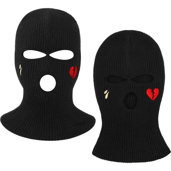 3-Loch-Skimaske, 2 Stück, Sturmhaube, gestrickt, Dreiloch-Maske, Beanie, Winter, Vollgesichtsbedeckung für Outdoor-Sportarten, Schwarz, 7