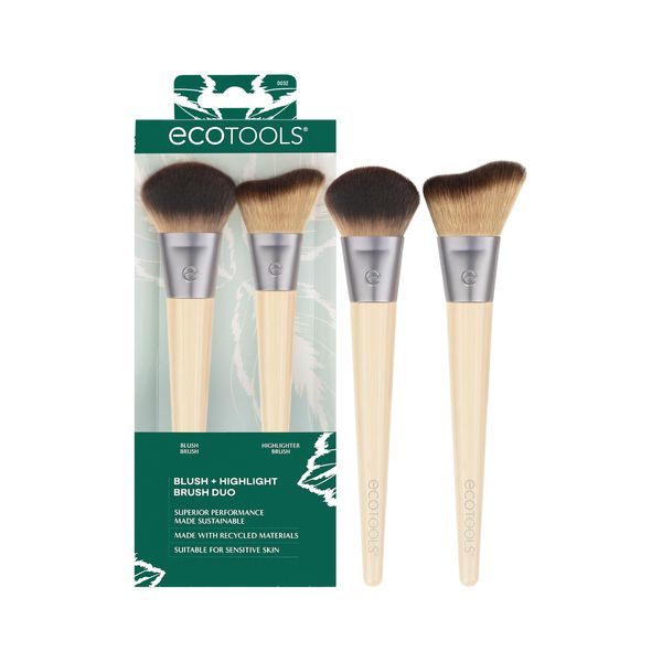 EcoTools New Natural Blush & Highlight Duo, Face Makeup Brushes For Powder Makeup, Dense, Synthetic Bristles For Enhancing Skin, Vegan & Cruelty-Free, 2 Count