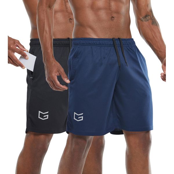 G Gradual Men's 7" Workout Running Shorts Quick Dry Lightweight Gym Shorts with Zip Pockets (2 Pack: Navy Blue/Black Large)