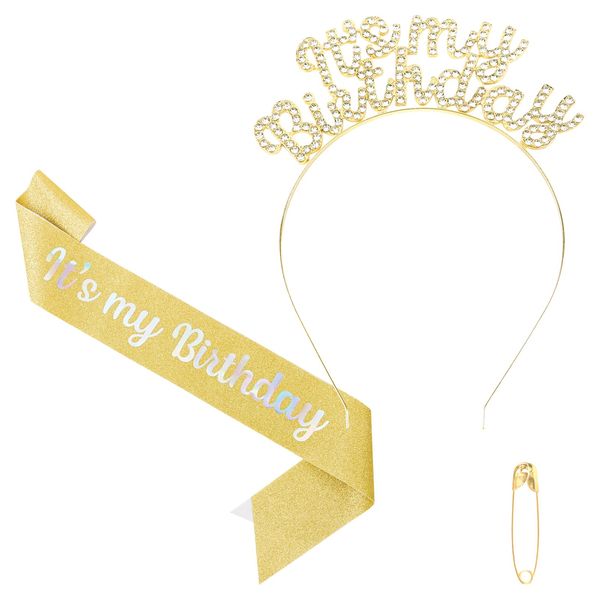 BAHABY Birthday Crowns for Women, It's My Birthday Sash & Birthday Headband Set Princess Birthday Sash and Rhinestone Tiara Sweet Happy Birthday Accessories for Party- Gold