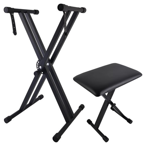 Adjustable Double-X Piano Keyboard Stand and Bench Set Black