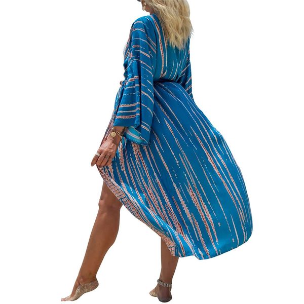 Bsubseach Colorful Cover Ups for Swimwear Women Kimono Cardigan Long Beach Swim Coverup Blue Stripes