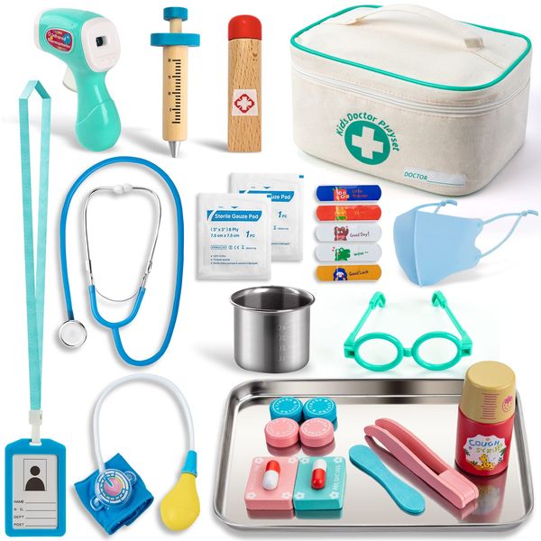 Sundaymot Kids Doctor Kit Toy with Real Wooden Stethoscope, Thermometer, Syringe and Practical Items for Children Role Play Medical, Gift for ​3 4 5 Years Boys Girls