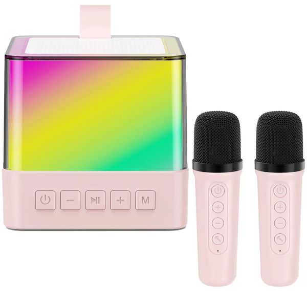 Mini Karaoke Machine for Kids Adults - Portable Bluetooth Karaoke Speaker Set with 2 Wireless Microphone & RGB Lights for Girls Boys Family Home Party (Pink)