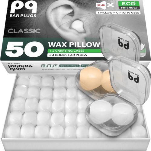 PQ Silicone Ear Plugs for Sleeping - 50 Silicone Earplugs for Sleeping and Swimming - Noise Cancelling and Ear Protection with Gel Earplugs - Sound Insulation Level 32 dB Sleep Earplugs, 50 Pillows