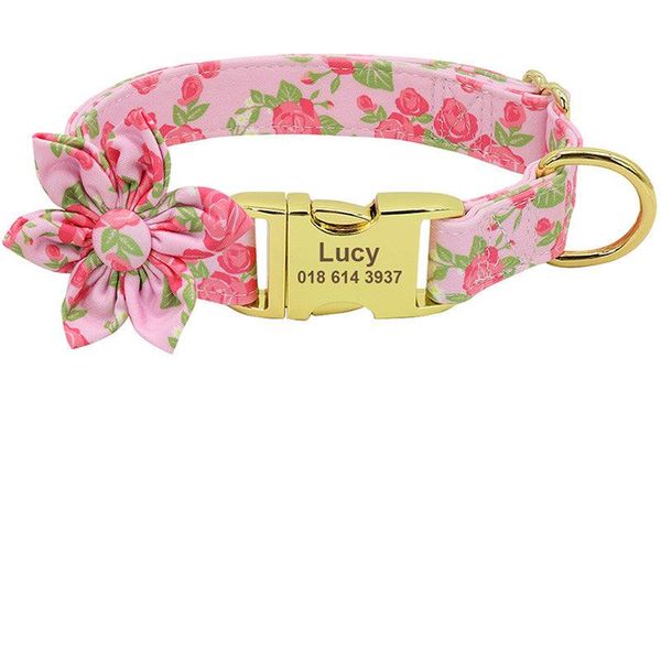 Customizable Floral Print Pet Collar With Engraved Id Tag - Personalized Dog And Cat Accessories - A / S