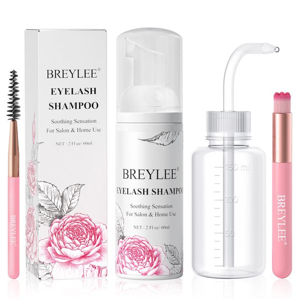 BREYLEE Shampoo for Lash Extensions, 60ml+Rinse Bottle+Brushes, Eyelash Extension Cleanser, Lash Wash Bath, Lash Cleaner for Makeup Remover, Paraben & Sulfate Free for Salon and Home Use