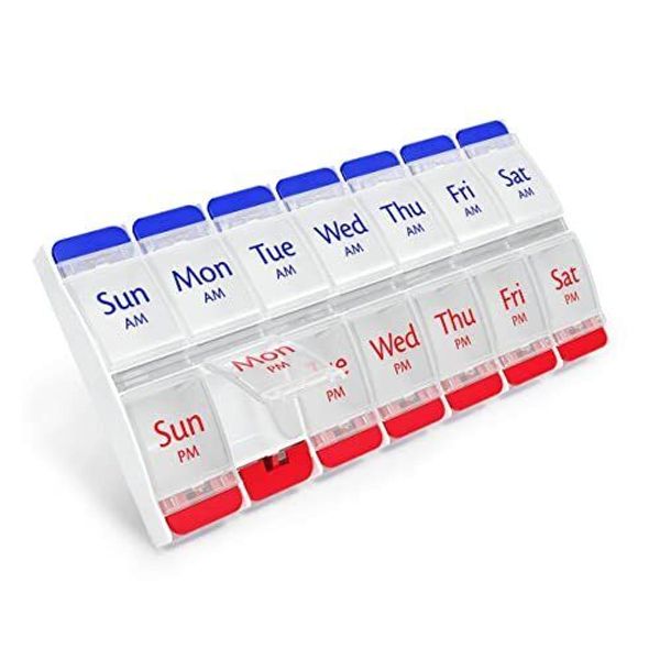 7 Day Pill Case Organizer 2 Times A Day AM/PM Large Compartments w/ Push Button