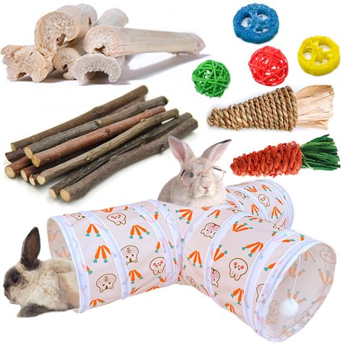 HERCOCCI Rabbit Toys, Bunny Tunnels & Tubes, Collapsible 3 Way Rabbit Hideout Tunnel with Chew Toys for Rabbit Bunny Guinea Pig Ferret Kitten