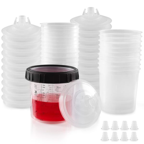 LEKALAPRO Spray Paint Cups Paint Spray Gun Cup Liners and Lid System 20 Paint Cups Pack 20 Ounces (600ml) Kit Includes 20 Lids with Strainer,1 Hard Cup with Retainer Ring 8 Plugs 20 Cups