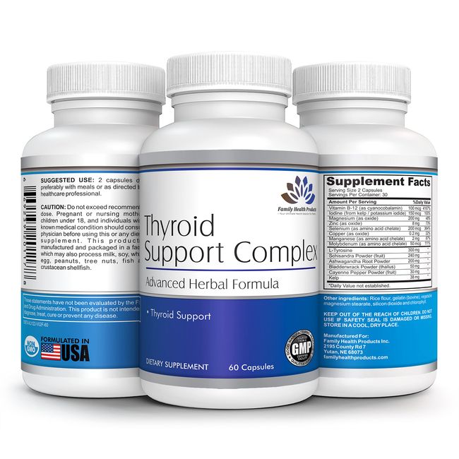 Family Health Products Pure Thyroid Support Complex for Women Men - Vitamin and Mineral Supplement Count of 60