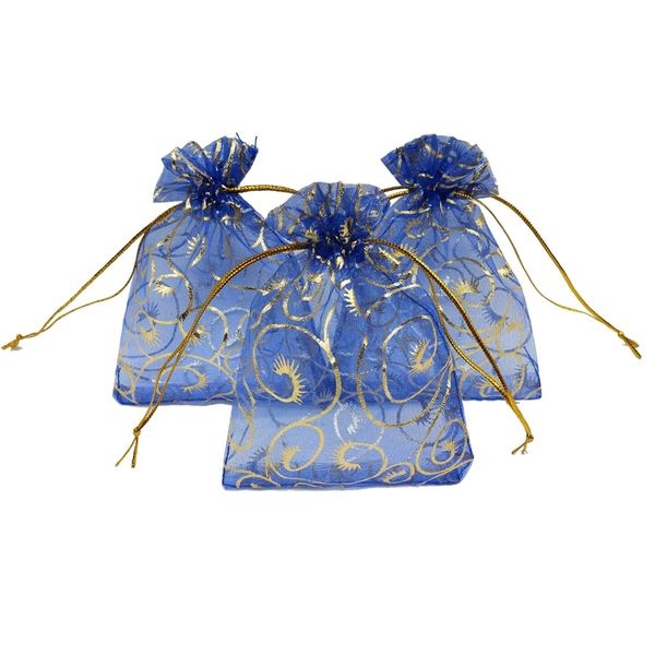 Ankirol 100pcs Sheer Organza Bag Eyelash Print Wedding Favor Bags 3.5x4.5'' Luxury Jewelry Candy Gift Card Bags with Gold Line Drawstring Pouches (Blue)