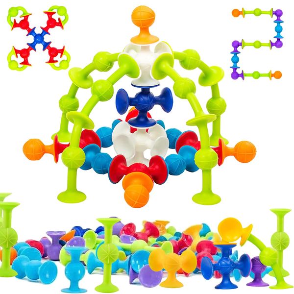 48 Piece Suction Cup Toys Bath Toys for Kids Ages 3+, Sensory Toys for Autistic Children, Travel Toys Window Toys Stem Learning Toys, Bathtub Toys with Storage