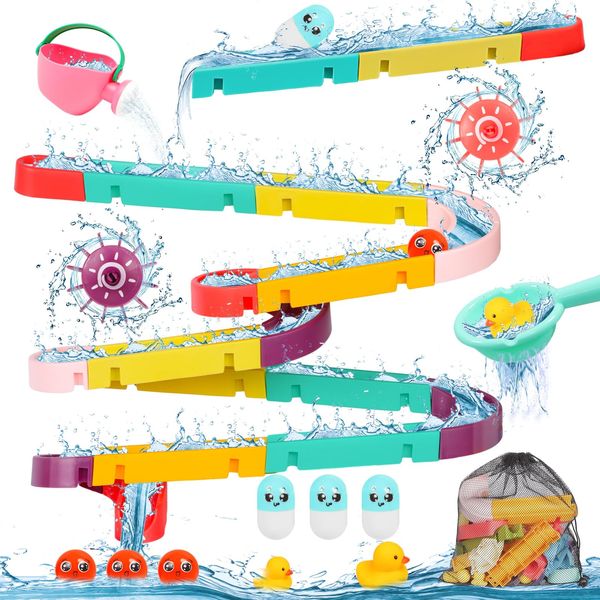 Bath Toys 45Pcs Bath Track Game Shower Toys Water Slide with Suction Cups Water Toys Bath Time DIY Educational Bath Slide Toy for 3 4 5 6 Year Olds Boys Girls Toddlers Kids