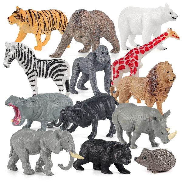 Wildlife Animal Model Toy Playsets 13 PCS Realistic Animal Figure Toys Lion Elephant Rhinoceros Hippo Desktop Decoration Collection Party Favors Toys for Kids