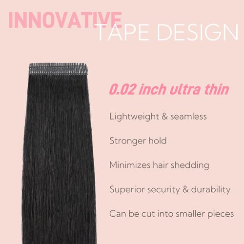 FUOTONBUTY Tape Extensions, Real Hair, Double Stitched, Black Tape-In Extensions, Real Hair, 20 Pieces, 50 g, Invisible Tape Extensions, Tape-On Extensions, Real Hair, 40 cm
