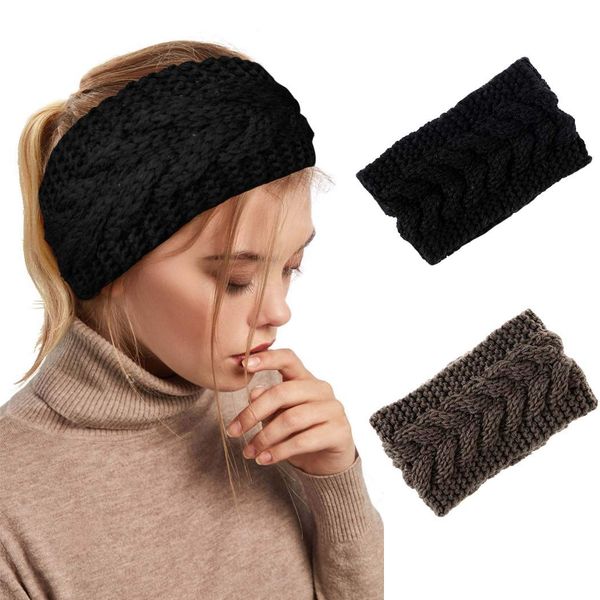 IYOU Damen-Winter-Stirnband, schwarz, gestrickt, Haarbänder, geflochtener Turban-Stirnbänder, gedreht, gehäkelt, HeadWrap, Ohrwärmer für Frauen und Mädchen (2 Stück)