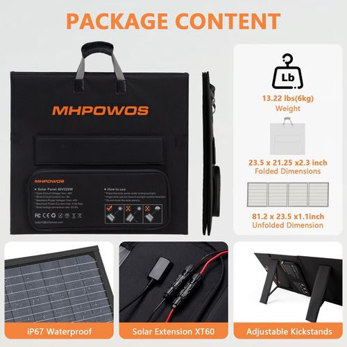 MHPOWOS 220 Watt Foldable Monocrystalline Solar Panel Charging for Powerstation