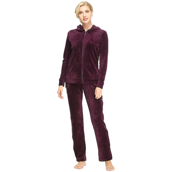 Dolcevida Velour Tracksuit Womens Womens Winter Sweatpants Set Velvet Jogging Suit (Wine, L)