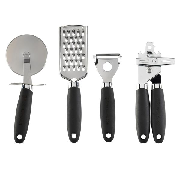 Russell Hobbs RH03233EU7 4-Piece Kitchen Gadget Set – Venus Collection, Peeler, Can Opener, Pizza Cutter, Grater, Hanging Hooks, Soft Touch Handles, Easy Clean, Kitchen Utensil Tools, Black