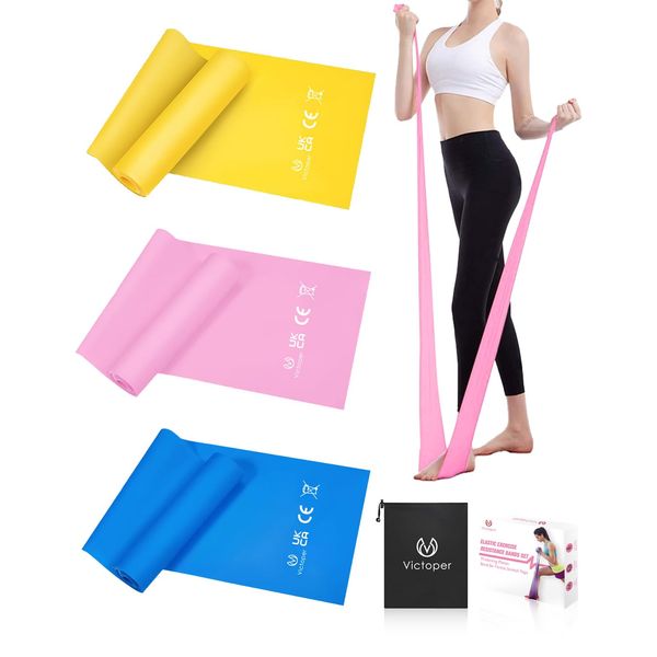 Victoper Resistance Bands Set of 3, Elastic Exercise Band for Women Men Pilates Band with 3 Resistance Levels Pilates Resistance Bands to Build Muscle Physio Resistance Bands for Fitness Stretch Yoga