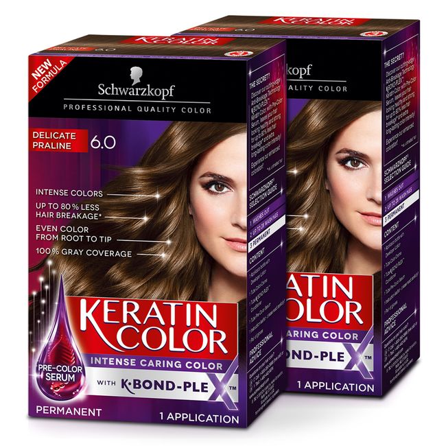 Schwarzkopf Keratin Color Permanent Hair Color Cream, 6.0 Delicate Praline, Pack of 2