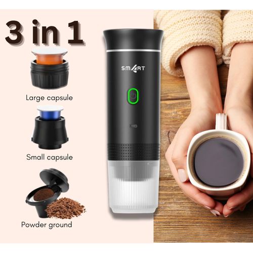 Sm4rt Battery Operated Coffee Maker, 3 in 1 Portable Coffee Maker, 12v Coffee Maker for Car, Cafetera Portable, USB Espresso, Travel Espresso Maker, NS Capsule, Dolce Gusto, Ground Powder (White)