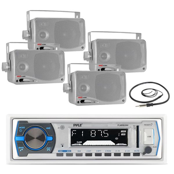 Pyle Bluetooth Marine Receiver, 4x 3.5" 200W Silver Speakers, Antenna