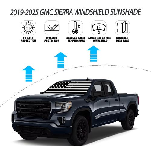 D-Lumina Windshield Sun Shade for 2019-2025 GMC Sierra 1500 2500 3500 Accessories, Front Window Sunshade American Flag Sun Visor Protector Sun Shield Block UV Ray Heat, Foldable 2 Layers 210T Material