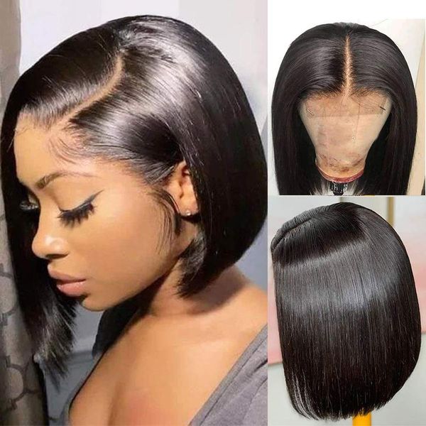 ISEE Hair Short Bob Wigs Human Hair Lace Closure Wigs Brazilian Virgin Human Hair Straight Bob Lace Front Wigs For Black Women Pre Plucked with Baby Hair Natural Black 12 Inch