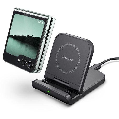 SwanScout 501S Galaxy Z Flip Compatible Wireless Charger, Z Flip Series, Folding Charging Stand, Compatible with Galaxy Z Flip 6/5/4/3, Wireless Charging Stand, Just Place Charger, Up to 10W Output
