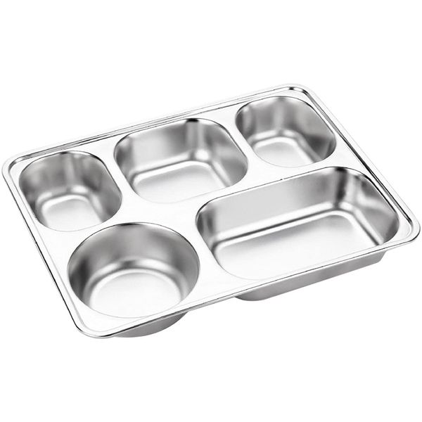 Unbreakable Divided Portion Plates - Stainless Steel Lunch Box Dinner Plate Divided Tray with 5 Sections Divided Cafeteria Tray for Kids/Adults Food Controller for Camping, Events & Every Day Use