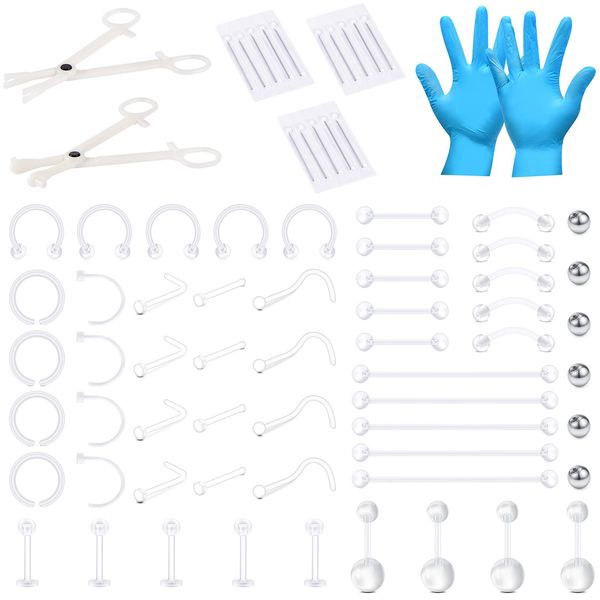 NIUSIMAN 76PCS Clear Piercing Kit,Clear Nose Stud 14G 16G 18G Clear Piercing Nose Ring Stud Plastic Belly Bar for Pregnancy Thin Bars for Ear Body Piercing Set Bioflex Cartilage Helix Daith