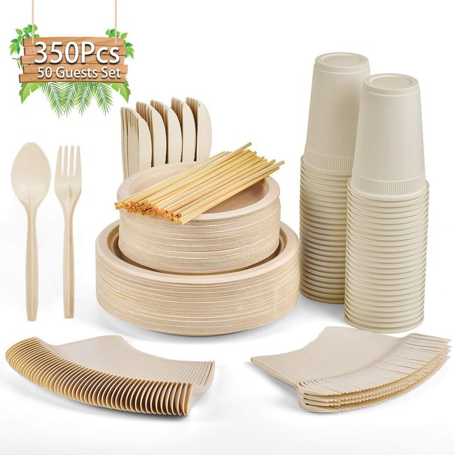 Heavy Duty Paper Plates Set for Dinner, Sugarcane Disposable Eco,9
