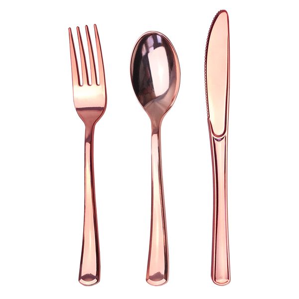 JL Prime 75 Rose Gold Plastic Silverware Set, Rose Gold Plastic Cutlery Set, Heavy Duty Utensils for Party & Wedding, Disposable Rose Gold Flatware, 25 Forks, 25 Spoons, 25 Knives