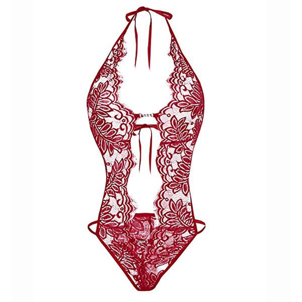 [VINMASS] Women Teddy Lingerie One Piece Babydoll Halter Lace Bodysuit S-XXL, red (wine)