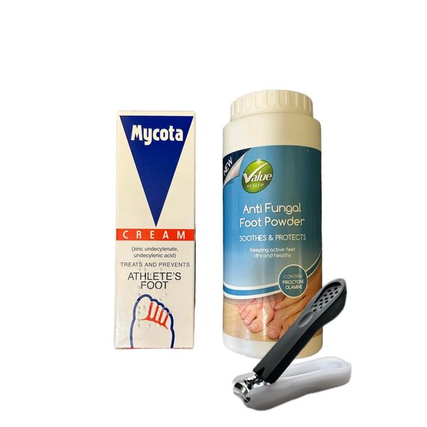 Athletes Foot Treatment Bundle including Mycota Cream, Anti Fungal Foot Powder and a soft grip nail clipper