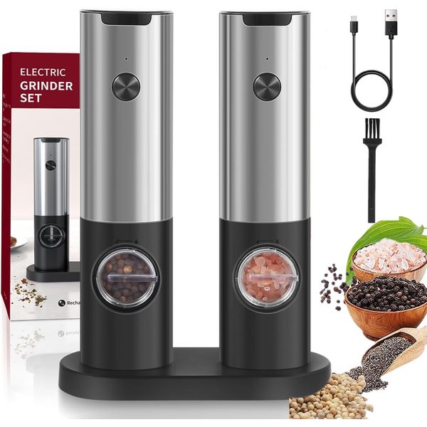 Electric Salt and Pepper Grinder Set with Rechargeable Base, Electric Pepper Mill Set with LED Light& Adjustable Coarseness, Stainless Steel Salt Grinder with Cleaning Brush