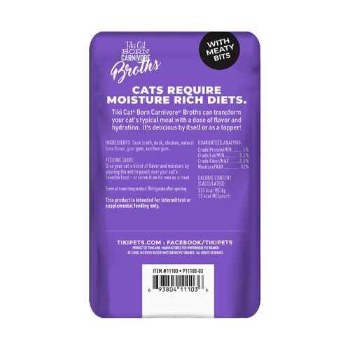 Tiki Cat Born Carnivore Broths, Duck & Chicken Recipe, Hydration and Flavor Supplement Cat Food Topper, 1.3 oz. Pouch (Pack of 12)