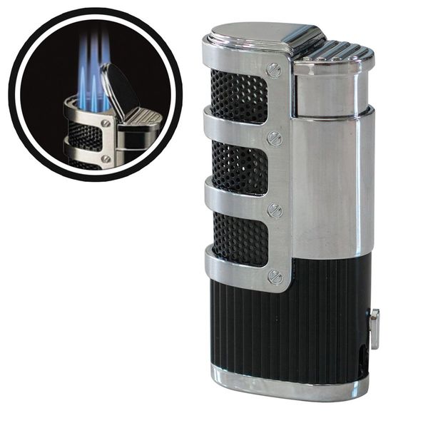 Prestige Import Group - Supernova Triple Jet Flame Torch Windproof Lighter with Punch Cutter Tool - Color: Chrome/Black