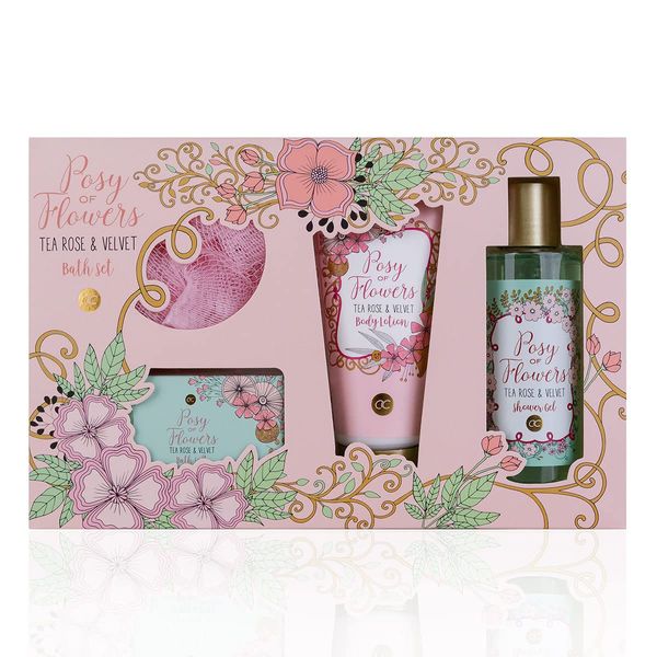 accentra - Geschenkset Frauen POSY OF FLOWERS 4-teilig - Badeset Geschenk mit Bodylotion, Badesalz, Duschgel & Netzschwamm – Wellness Set für Frauen & Mädchen zum Geburtstag & Valentinstag