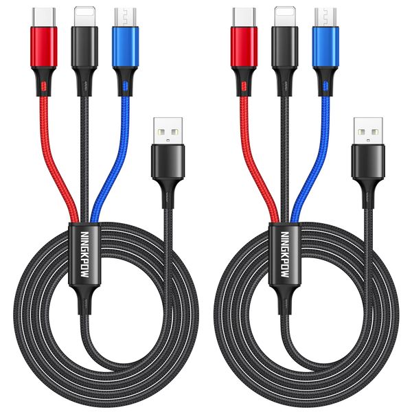 NINGKPOW Multi Charger Cable [2Pack 1.2M], 3 in 1 Multi Charging Cable Nylon Multi USB Charger Cable with Micro USB Type C for Phone 14 13 12 11 Android Galaxy S22 S21 S20, Huawei, OnePlus, Kindle, LG