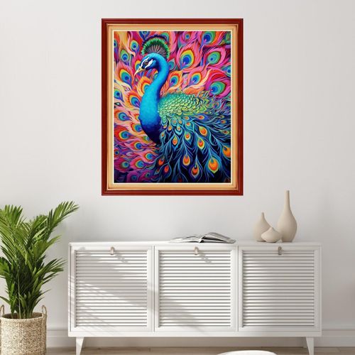 Foxhool Stamped Cross Stitch Kits,11CT Printed Cross Stitch Pattern Full Embroidery Kits for Beginner Needlepoint Kits-Colorful Peacock 16x20 inchs