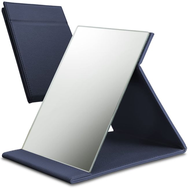 ICHIFUJI Stand Mirror, Tabletop Mirror, Cosmetic Mirror, Free Angle Adjustment, Foldable, (LL, Navy)