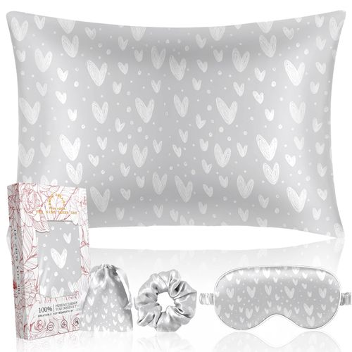 Miss Adola Mulberry Silk Pillow Case for Hair and Skin 19 Momme Queen 30"x20" Grey Silk Pillowcase with Eye Mask & Scrunchie Soft Silk Pillowcase Sleeping for Moms, Women