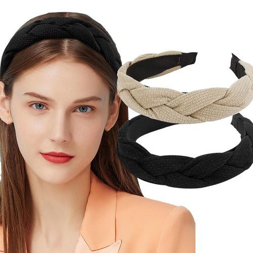Nayyana Pack of 2 Braided Fabric Wide Headband Vintage Rockabilly Fashion Hair Accessories for Women Girls Black + White